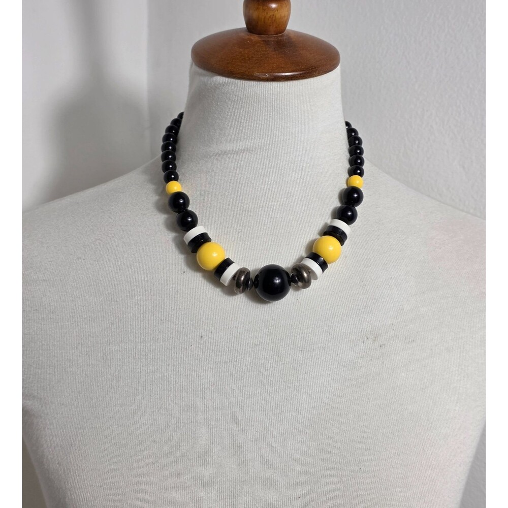 Vintage Chunky Statement Necklace Bold Black, Yellow, & White Geometric Design